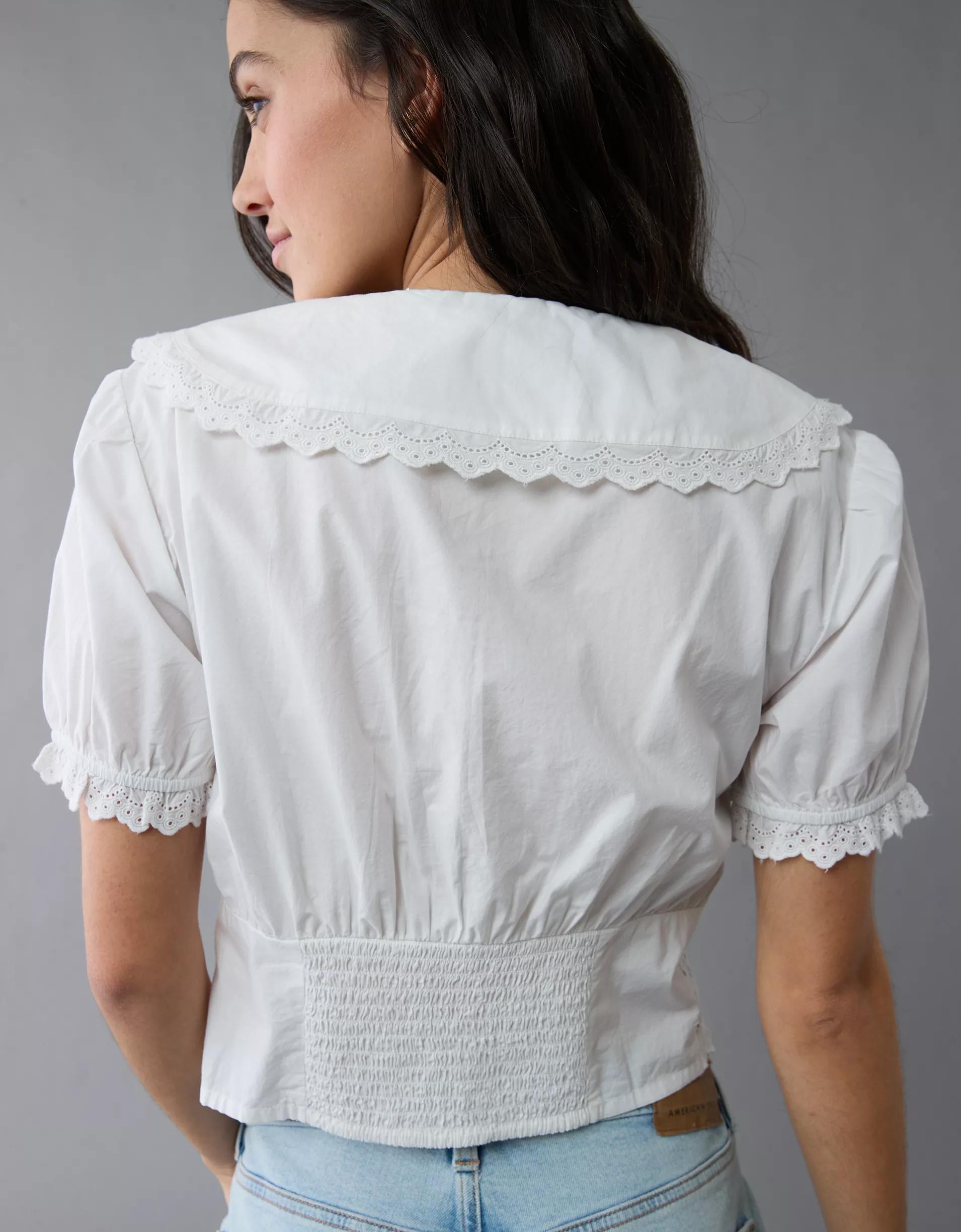 AE Short-Sleeve Ruffle Collar Eyelet Crop Top Product Image