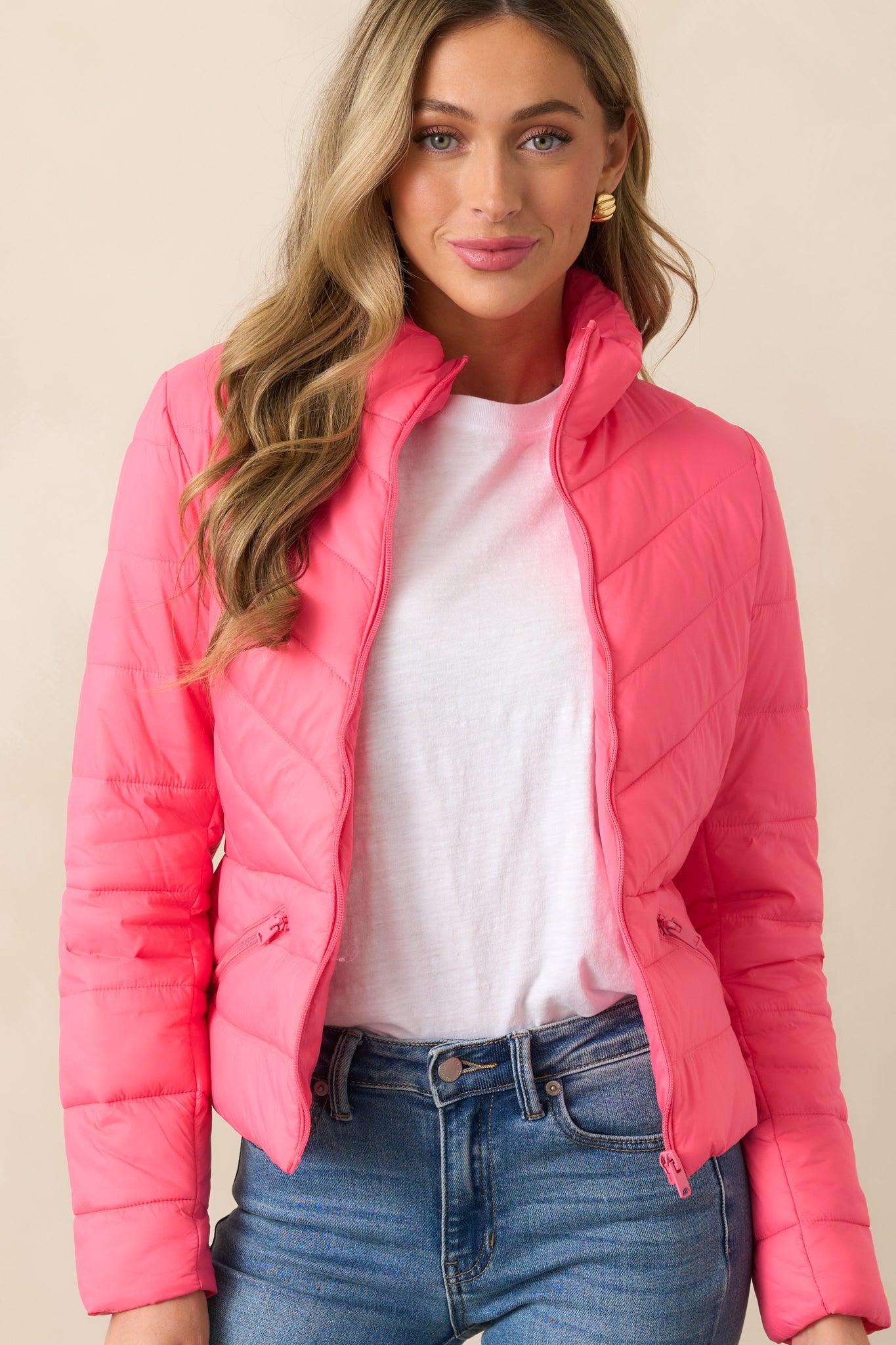 I Mean It Bright Pink Puffer Jacket Product Image