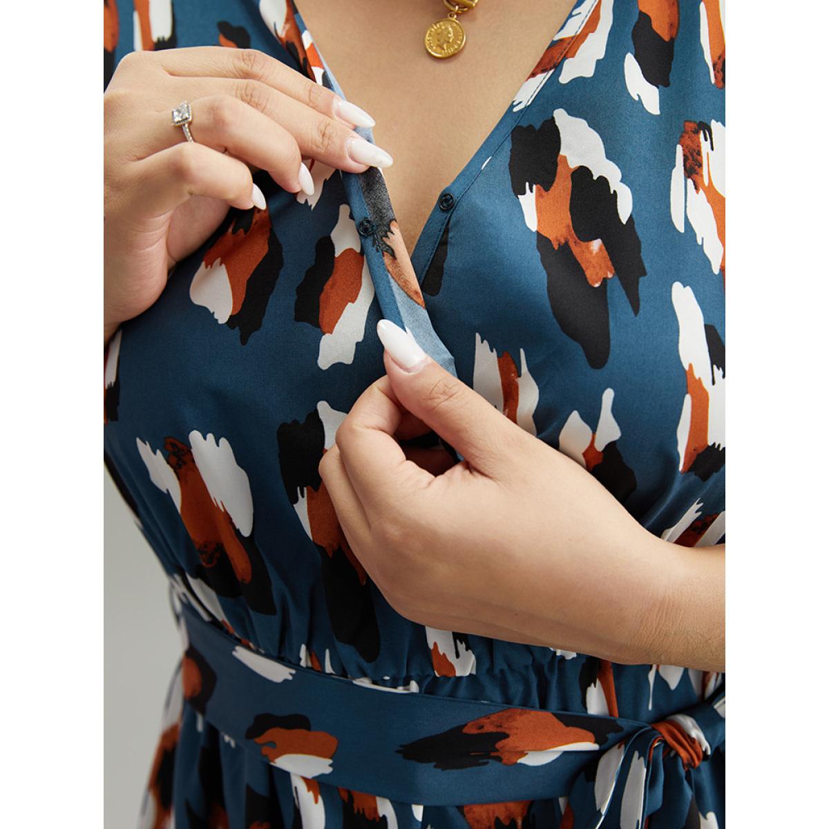 Plus Size Allover Print Ruffle Layered Hem Wrap Belted Dress Cerulean Women Office Elastic cuffs Overlap Collar Elbow-length sleeve Curvy Midi Dress BloomChic 28/5X Product Image