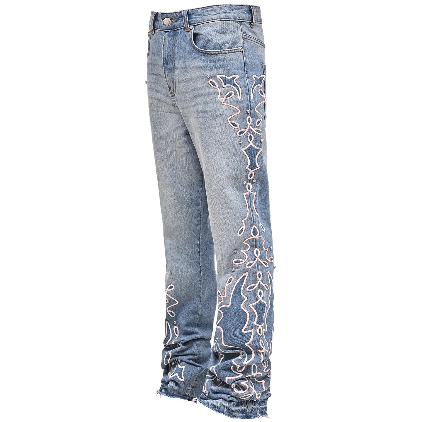 Men's Street Embroidered Stretch Denim Straight Pants Product Image