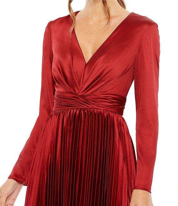 Mac Duggal Pleated Satin V-Neck Long Sleeve Fit and Flare Midi Dress Product Image