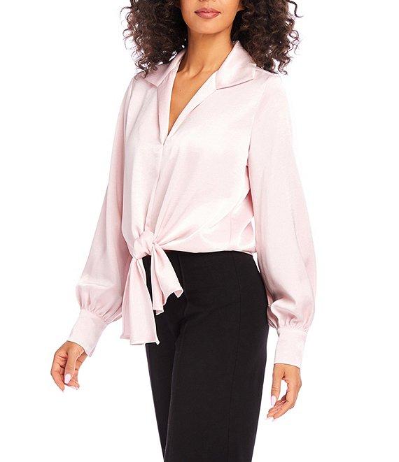 Karen Kane Satin Collared Long Sleeve Tie Front Top Product Image