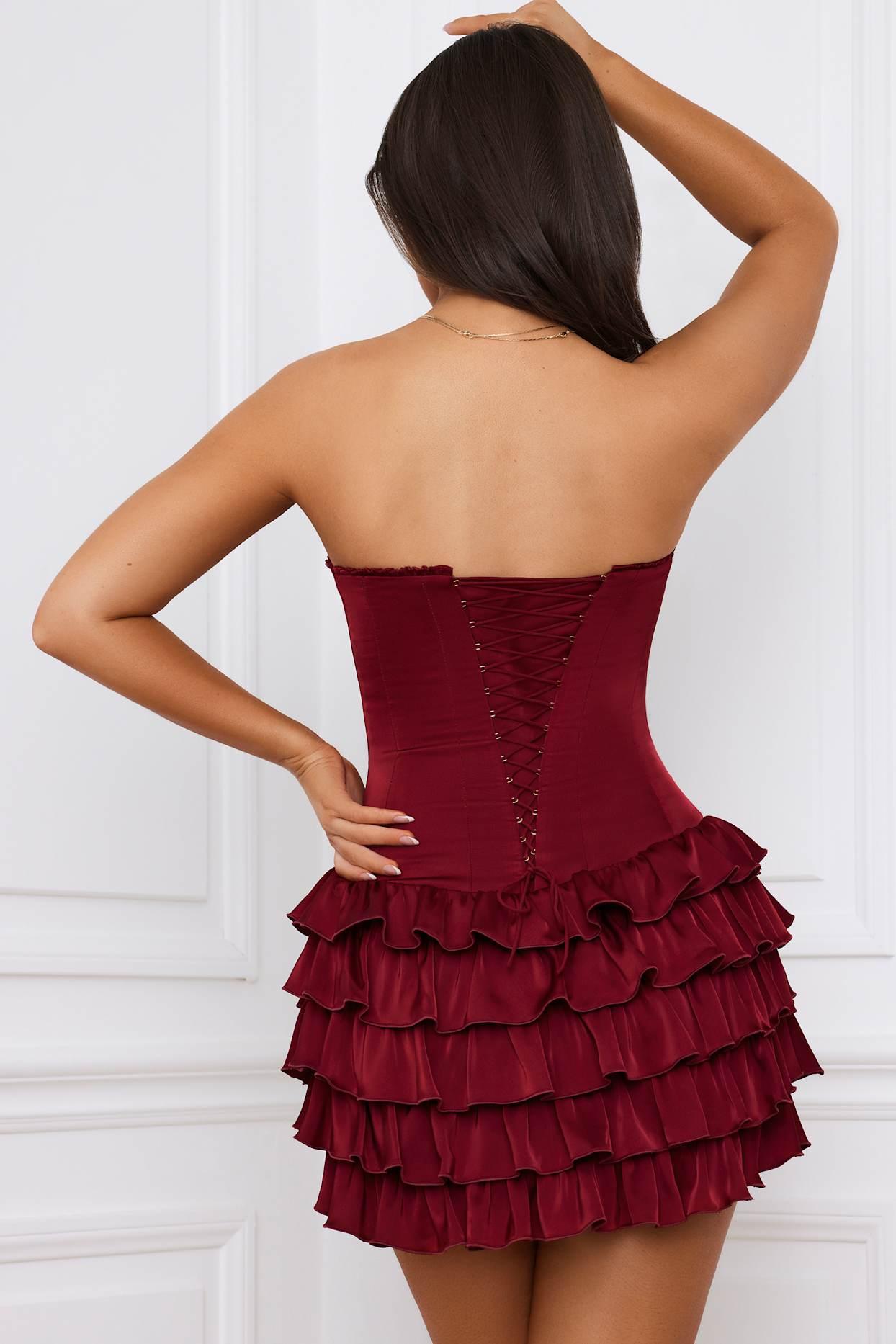 Bandeau Ruffled Tiered Corset Mini Dress in Berry Red Product Image