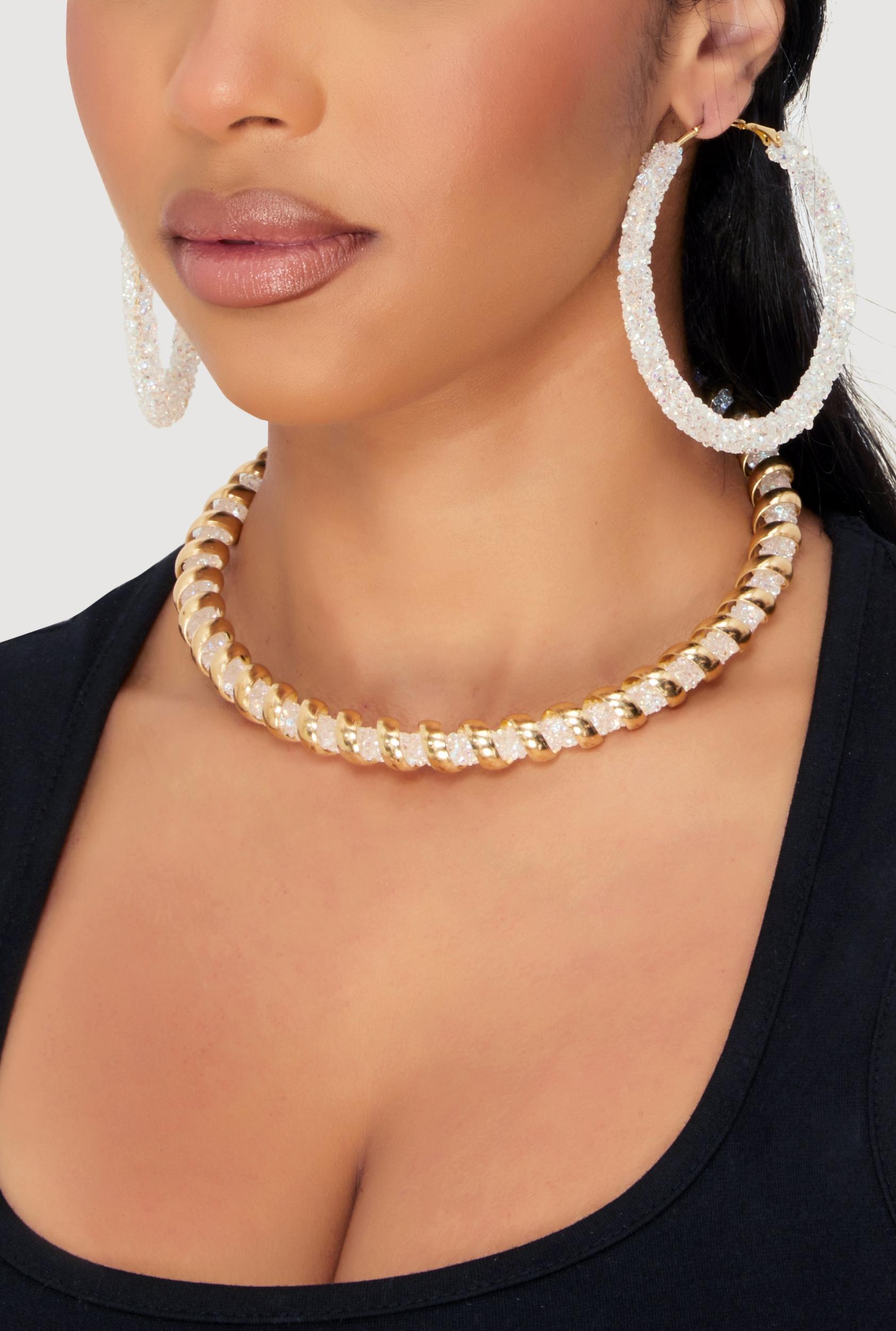 Metallic Coiled Encrusted Necklace with Hoop Earrings Male Product Image