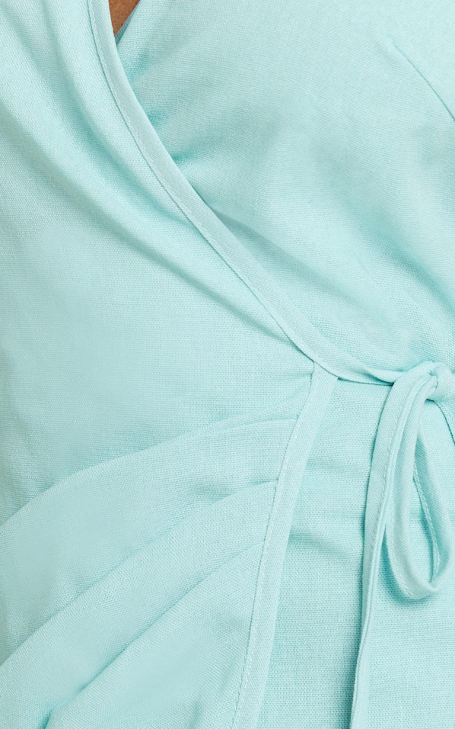 Connie Mini Dress - Linen Halter Neck Wrap Dress in Blue Product Image