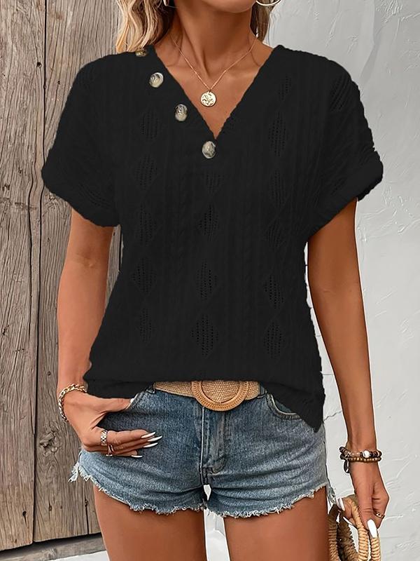 Loose Short Sleeves Buttoned Solid Color V-Neck T-Shirts Tops Product Image