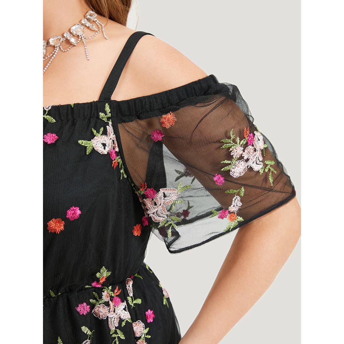 Plus Size Floral Embroidered Cold Shoulder Mesh Cami Dress Black Women Glamour Lined Spaghetti Strap Short sleeve Curvy Knee Dress BloomChic 30/6X Product Image