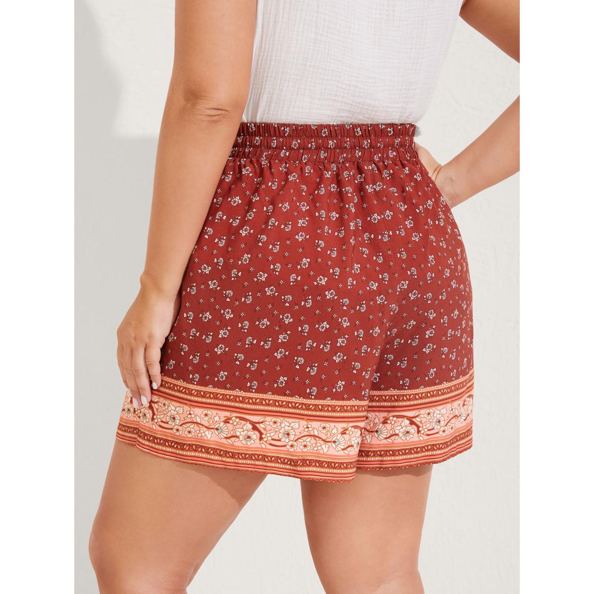 Plus Size Stretchy Waist Floral Wide-Leg Shorts Women Brightorange Resort Drawstring Wide Leg Vacation Shorts BloomChic 22-24/3X Product Image