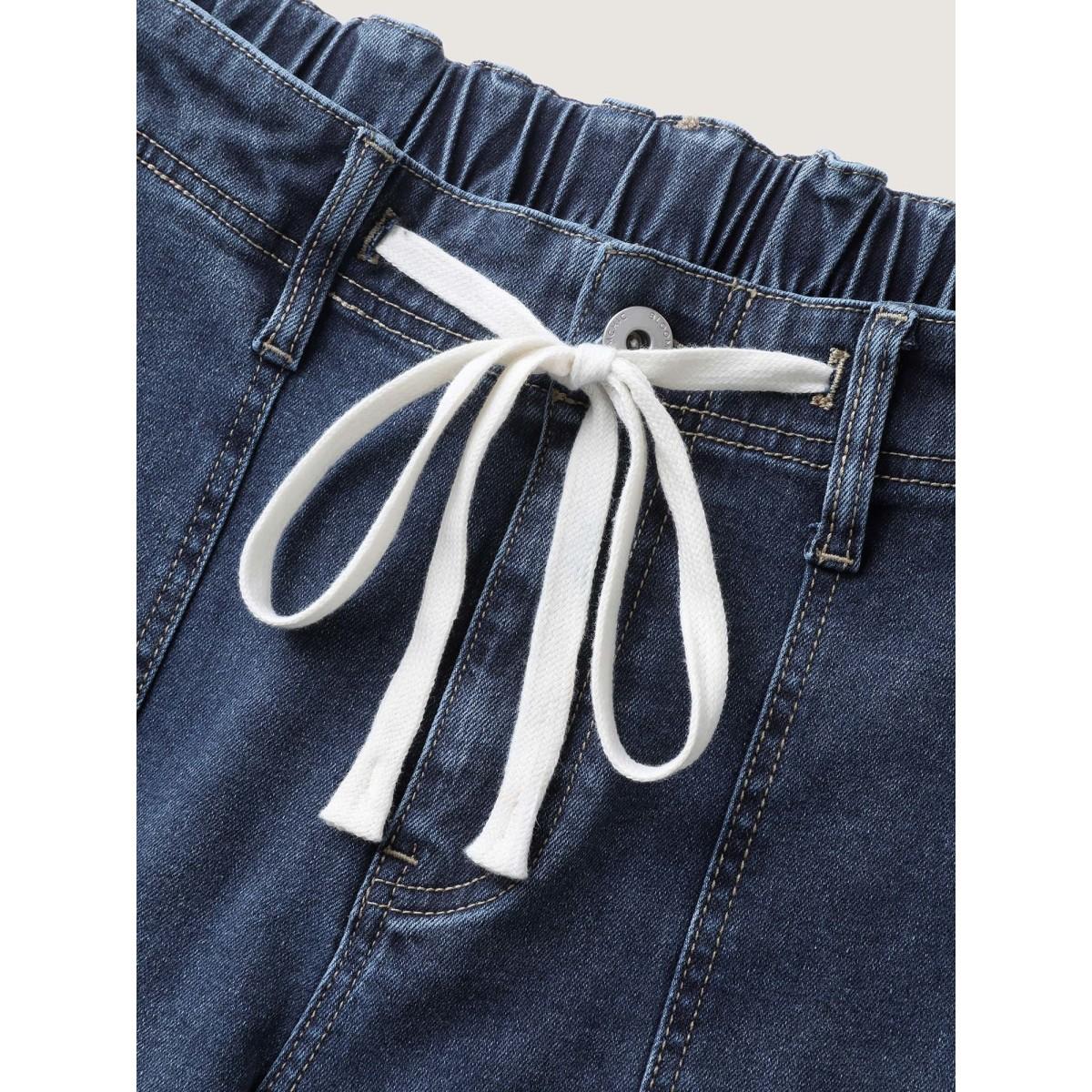 Plus Size Sand Wash Drawstring Straight Leg Jeans Women Midblue Leisure Elastic Waist Medium stretch Slanted pocket Jeans BloomChic 10/M Product Image