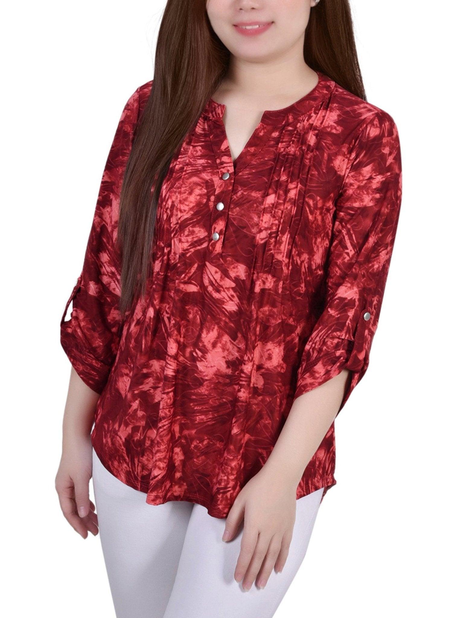 Wine Tiedye 3/4 Sleeve Blouse With Necklace - Petite Product Image