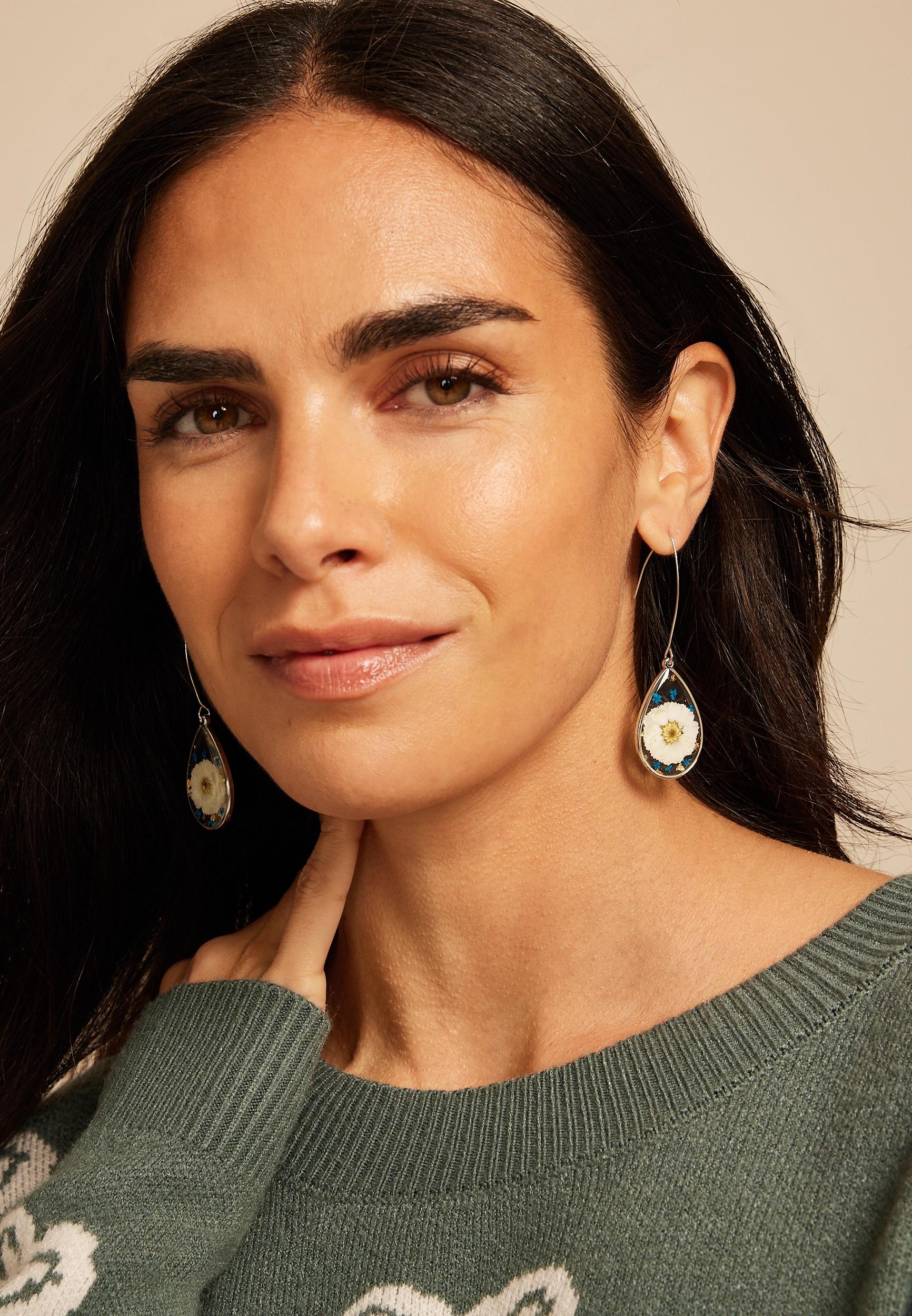 Blue And White Pressed Floral Teardrop Earrings Product Image