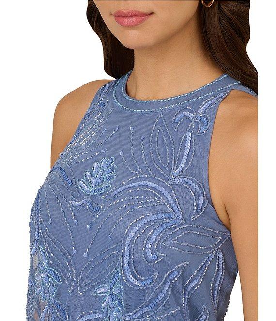 Adrianna Papell Petite Size Beaded Halter Neck Sleeveless Blouson Gown Product Image