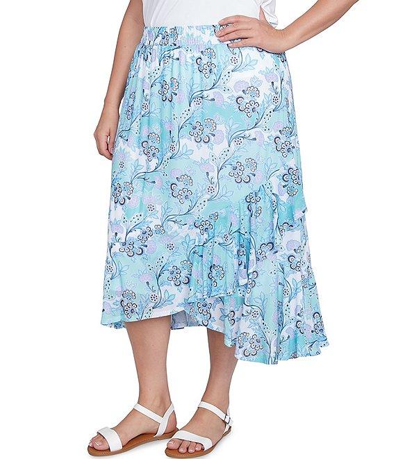 Ruby Rd. Plus Size Floral Mesh Asymmetrical Ruffle Hem Pull-On Skirt Product Image