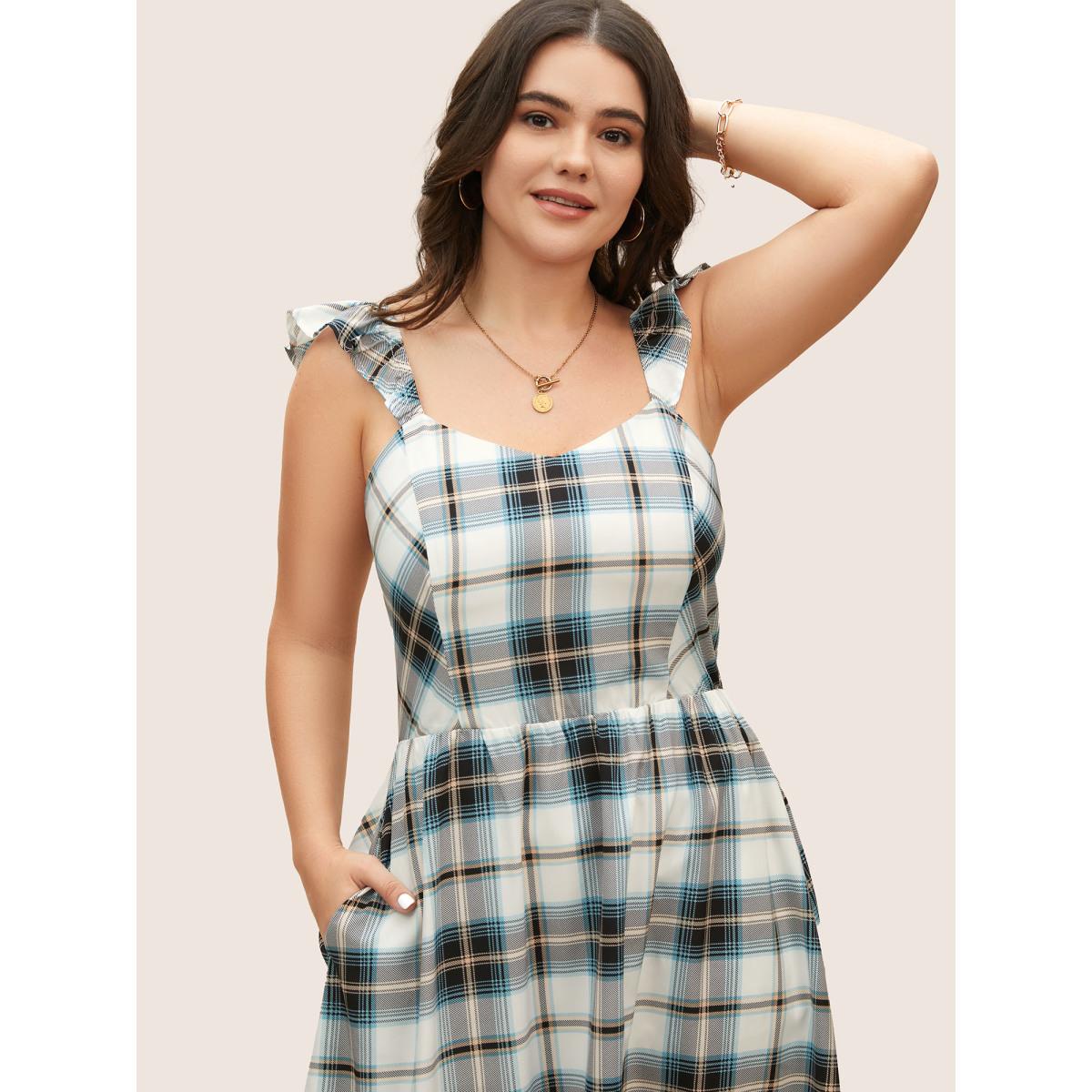 Plus Size Plaid Ruffle Trim Patchwork Hem Dress LightBlue Women Casual Shirred Non Sleeveless Curvy BloomChic 10/M Product Image