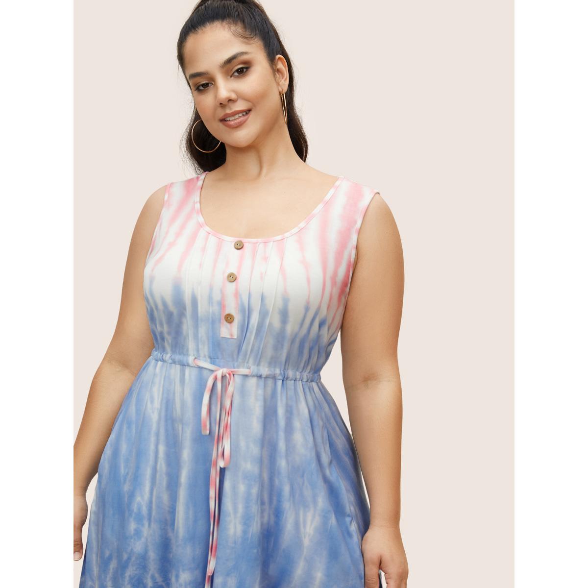 Plus Size Tie Dye Round Neck Drawstring Pleated Dress MistyRose Women Casual Drawstring Round Neck Sleeveless Curvy BloomChic 14-16/1X Product Image