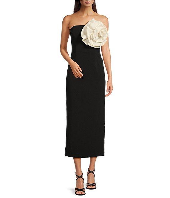 Muse by Marchesa Camelia Crepe Strapless Neck Sleeveless Rosette Bodycon Midi Dress Product Image