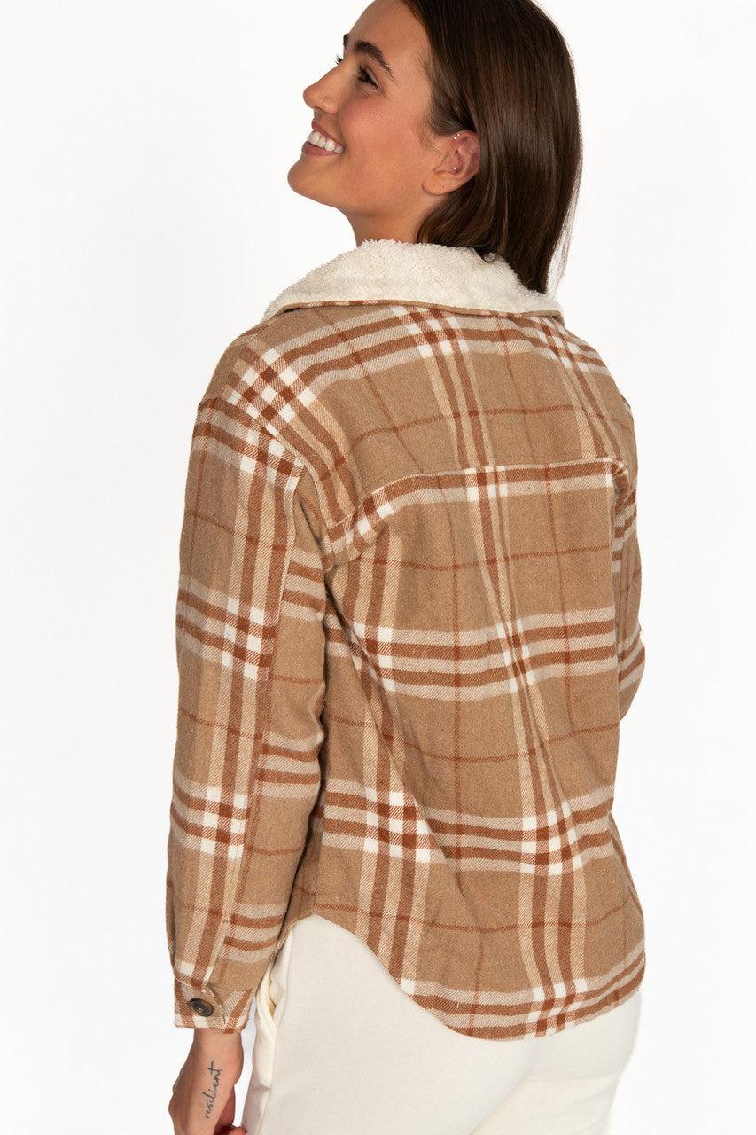 Camel Sherpa Collar Plaid Trucker Jacket Product Image