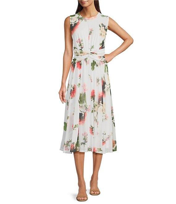 Calvin Klein Crew Neck Sleeveless Ruched Waist A Line Floral Mesh Midi Dress Product Image