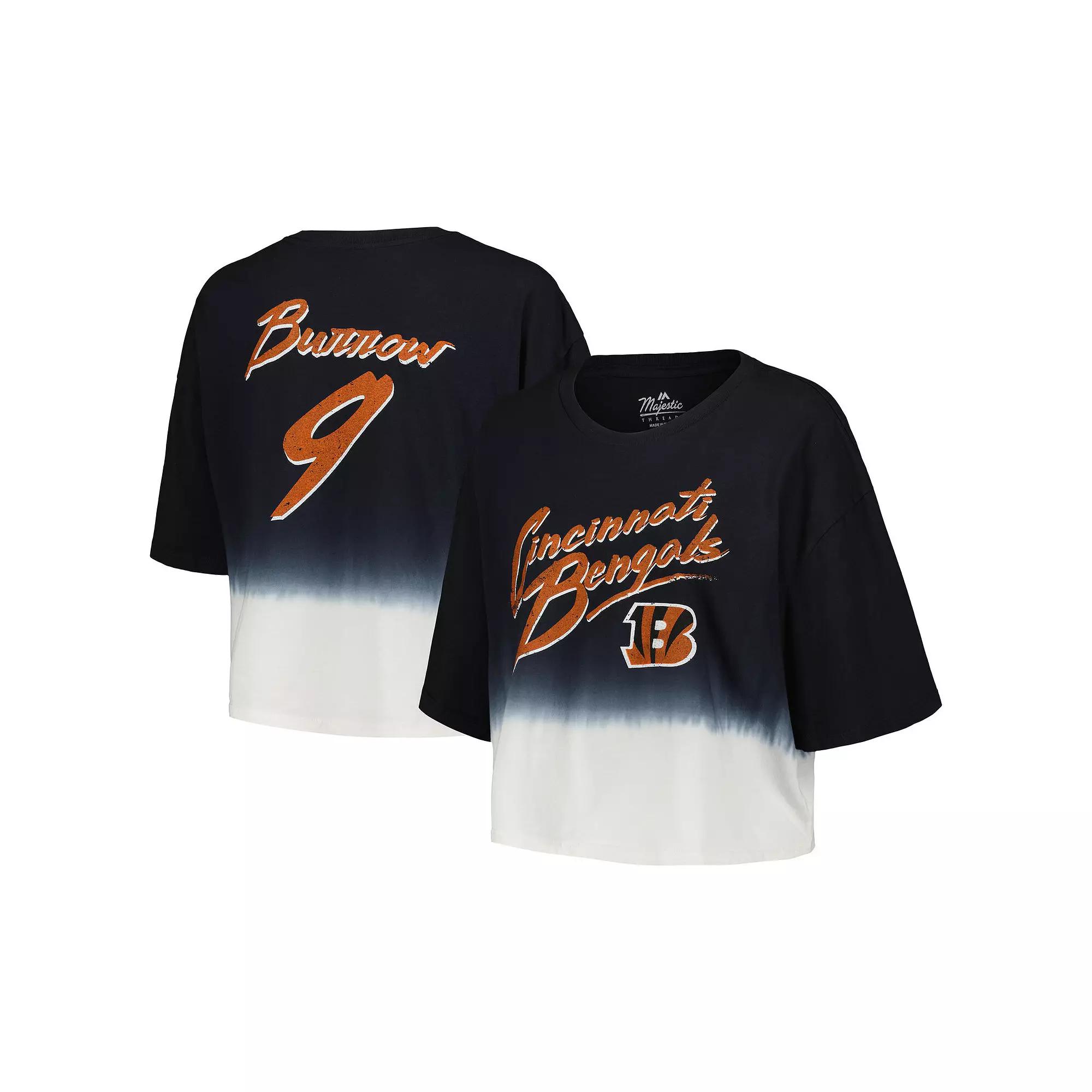 Women's Majestic Threads Joe Burrow Black/White Cincinnati Bengals Dip-Dye Player Name & Number Crop Top, Size: 2XL Product Image