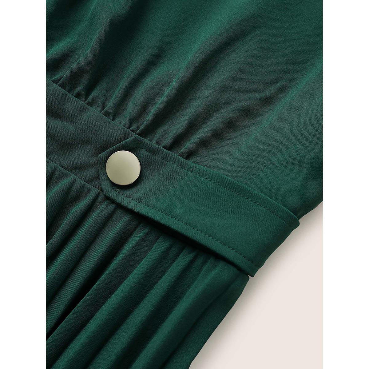 Plus Size Solid Button Detail Notched Pleated Hem Dress DarkGreen Women At the Office Non Notched collar Short sleeve Curvy Midi Dress BloomChic 12/L Product Image