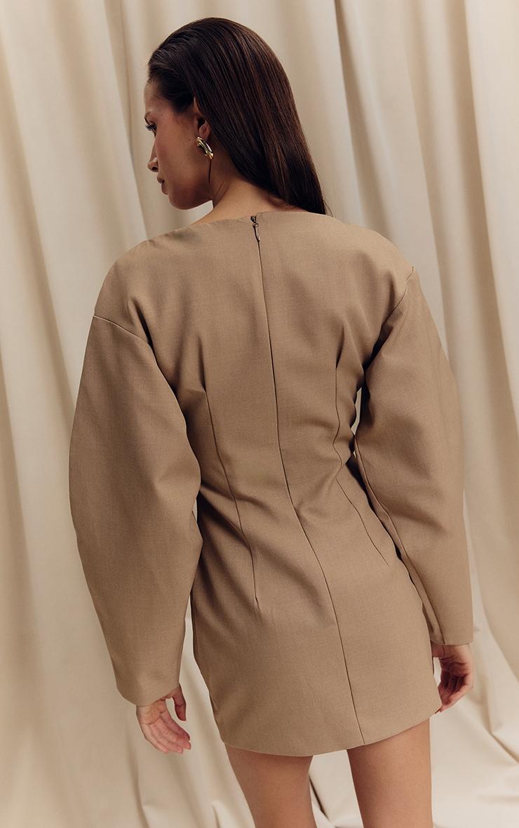 Camel Cocoon Sleeve Cinched Waist Blazer Dress Product Image