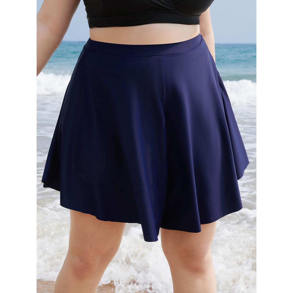 Plus Size Plain Loose High Waist Swim Shorts Women's Swimwear Indigo Vacation Plain High stretch High Rise Curve Swim Bottoms BloomChic 28/5X Product Image