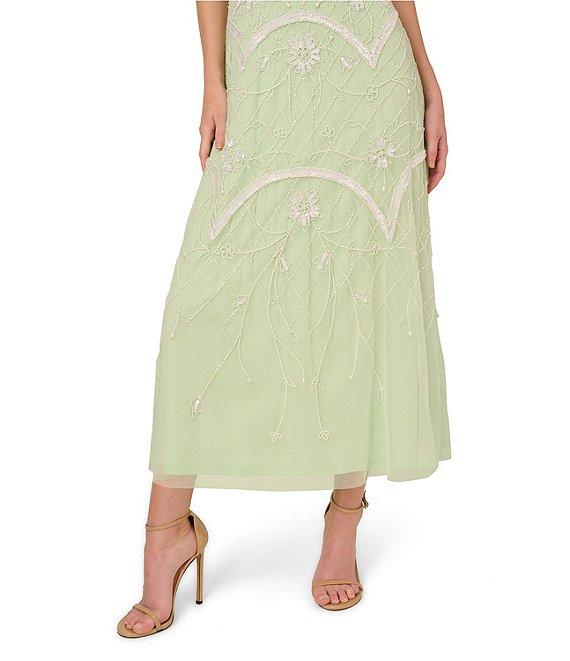 Adrianna Papell Beaded Mesh Crew Neck Sleeveless A-Line Midi Dress Product Image