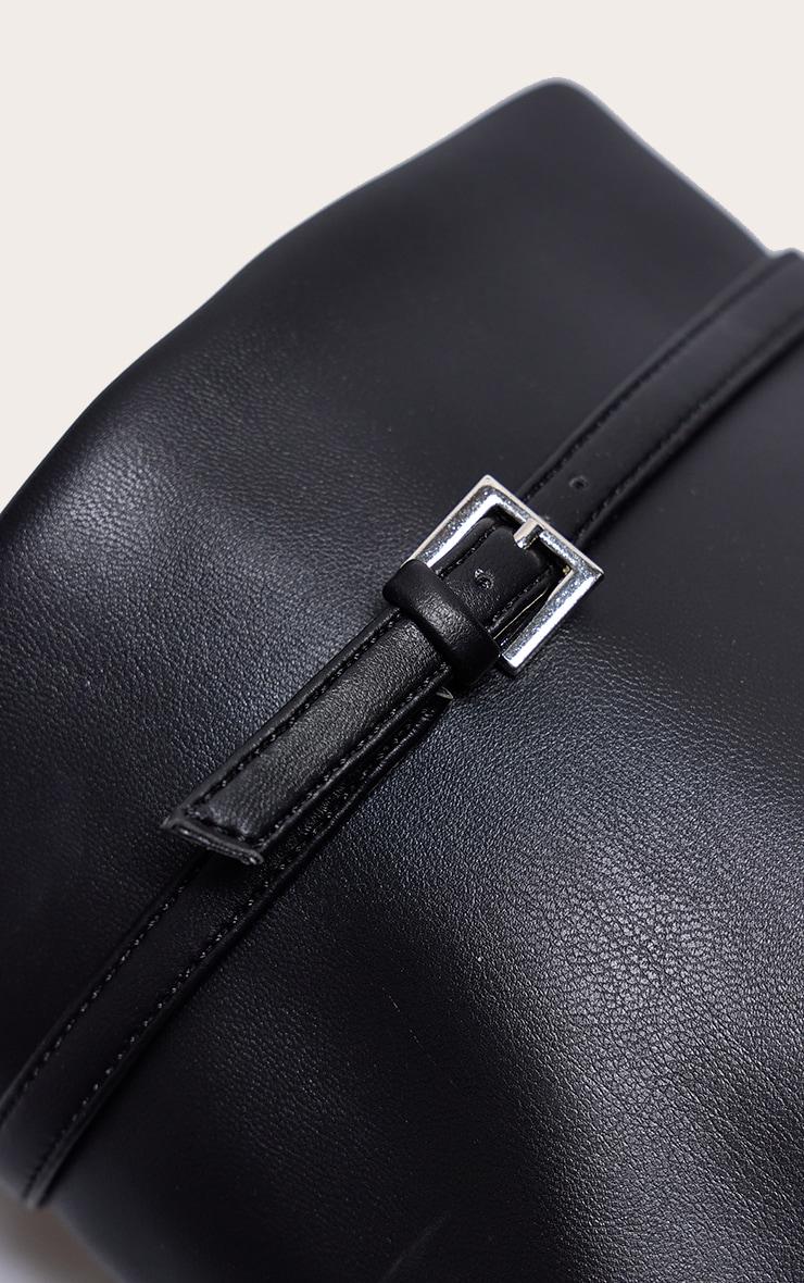 Black PU Point Toe Buckle Detail Block Heel Calf High Boots Product Image