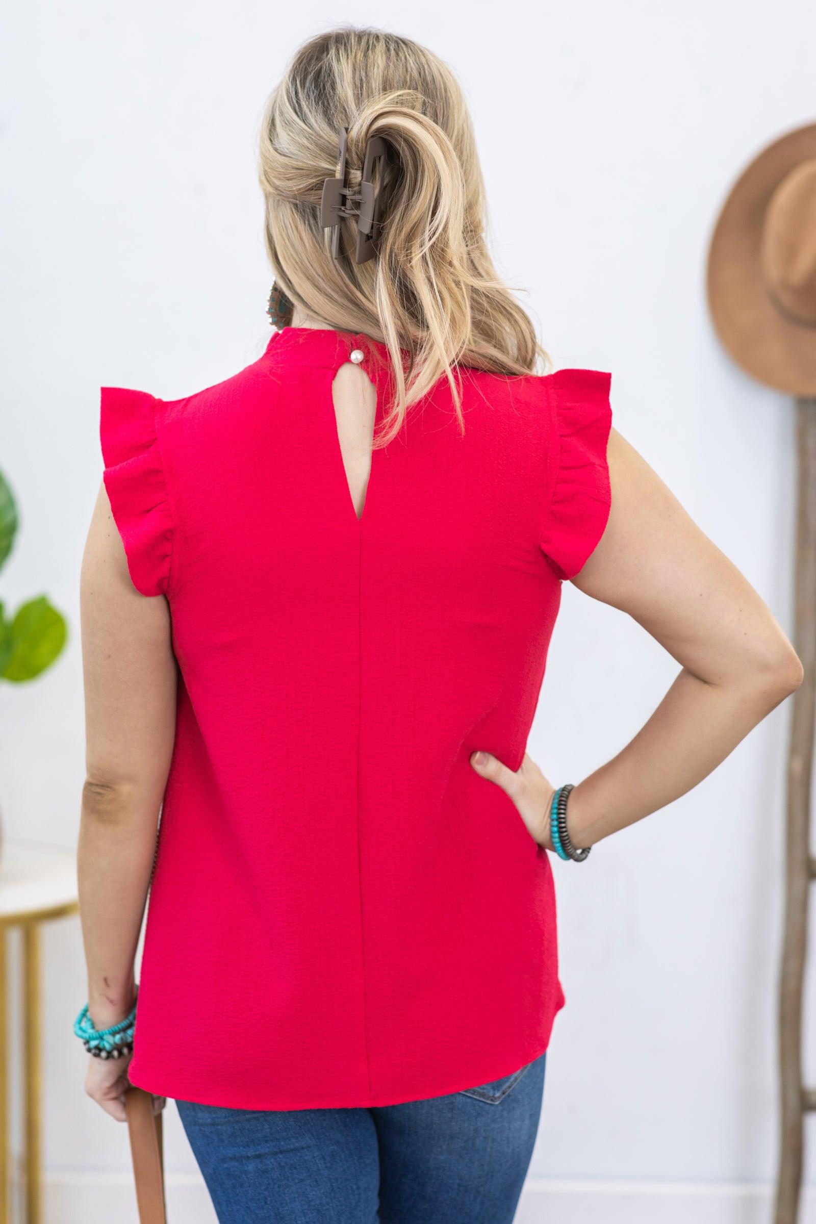 Bright Wine Woven Airflow Ruffle Mock Neck Top Product Image