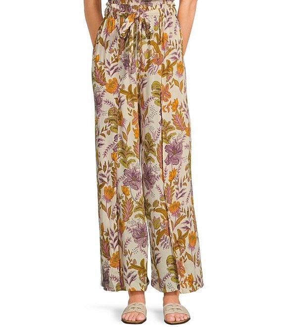 Angie Floral Print Mid Rise Elastic Waist Split Coordinating Wide Leg Pants Product Image