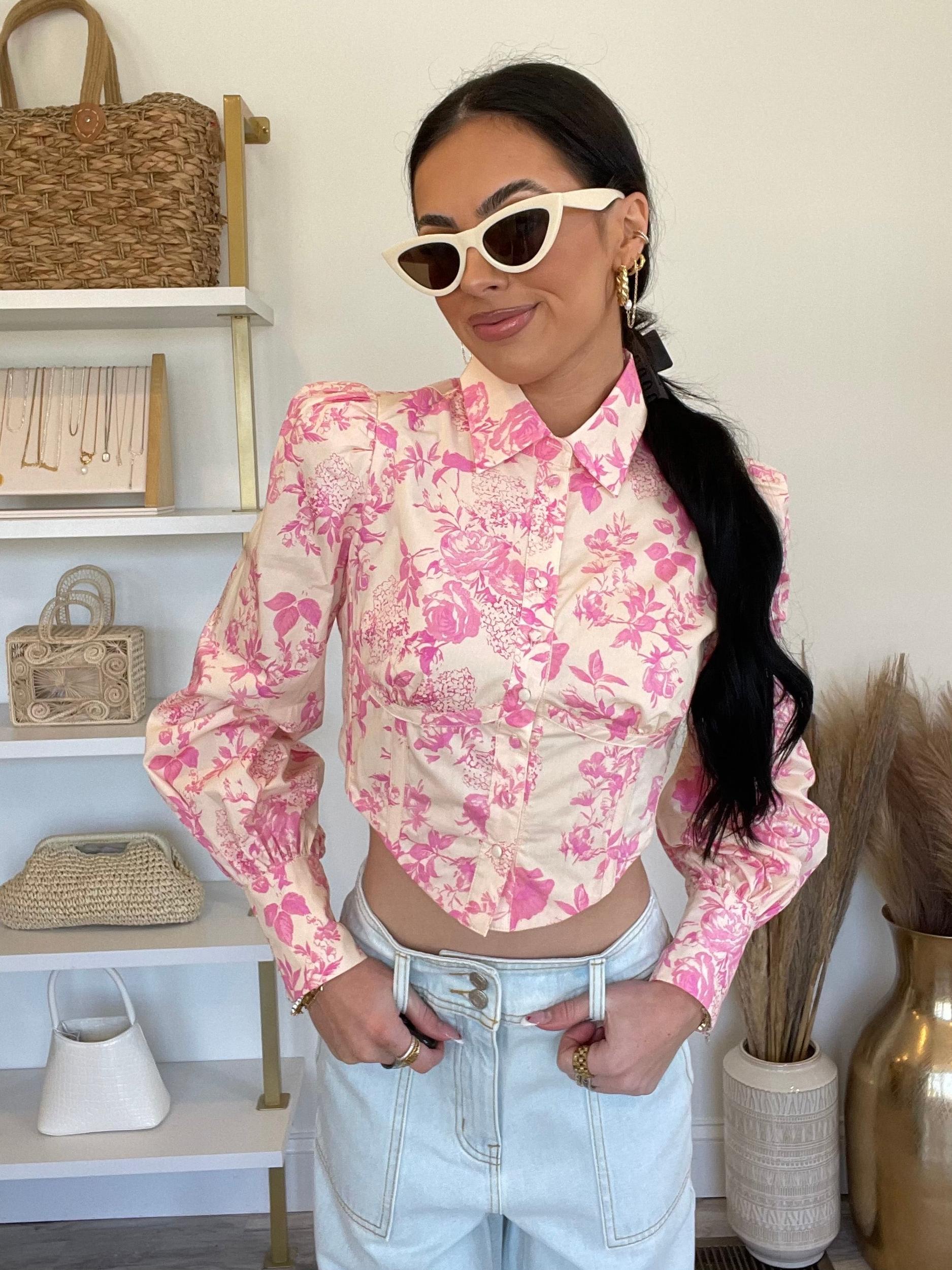 FINAL SALE Fiona Floral Puff Sleeve Corset Top | Pink Product Image