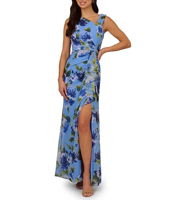 Adrianna Papell Floral Print Chiffon Asymmetrical Neck Sleeveless Front Ruffle Twist Column Dress Product Image