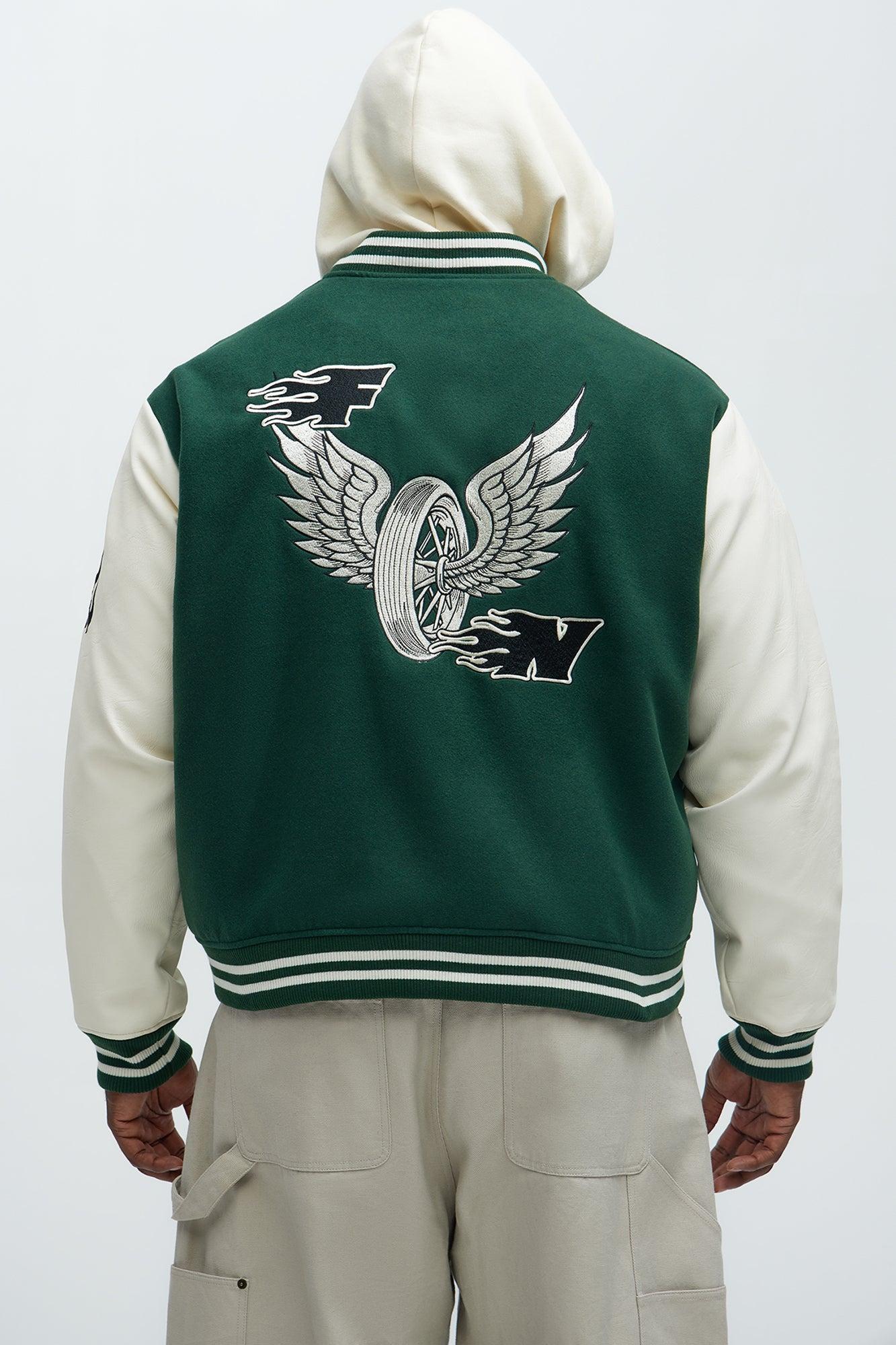 Biker Faux Leather Varsity Jacket - Green/combo Product Image