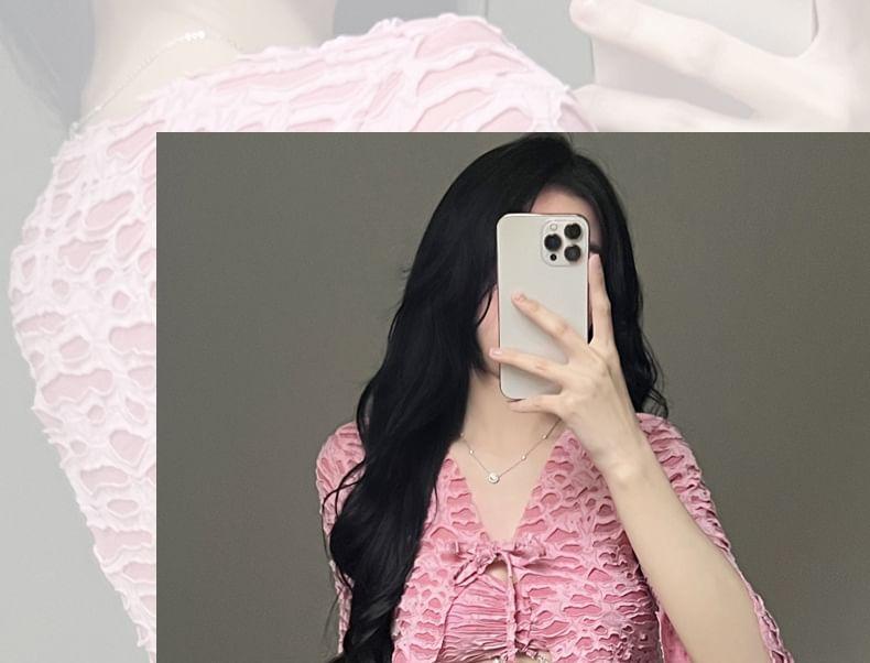 Set: Patterned Bikini Top + Bikini Bottom + Cover Up + Wrap Mini Skirt Product Image