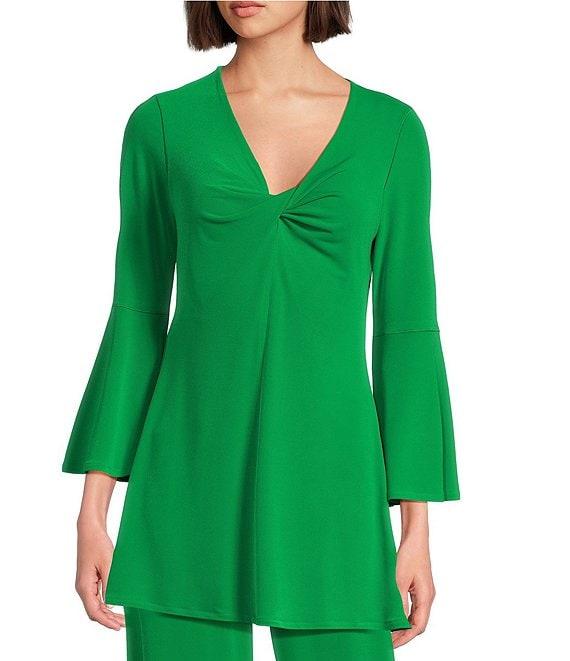 Eva Varro Knit Jersey Twist V-Neck 3/4 Bell Sleeve A-Line Flowy Tunic Product Image