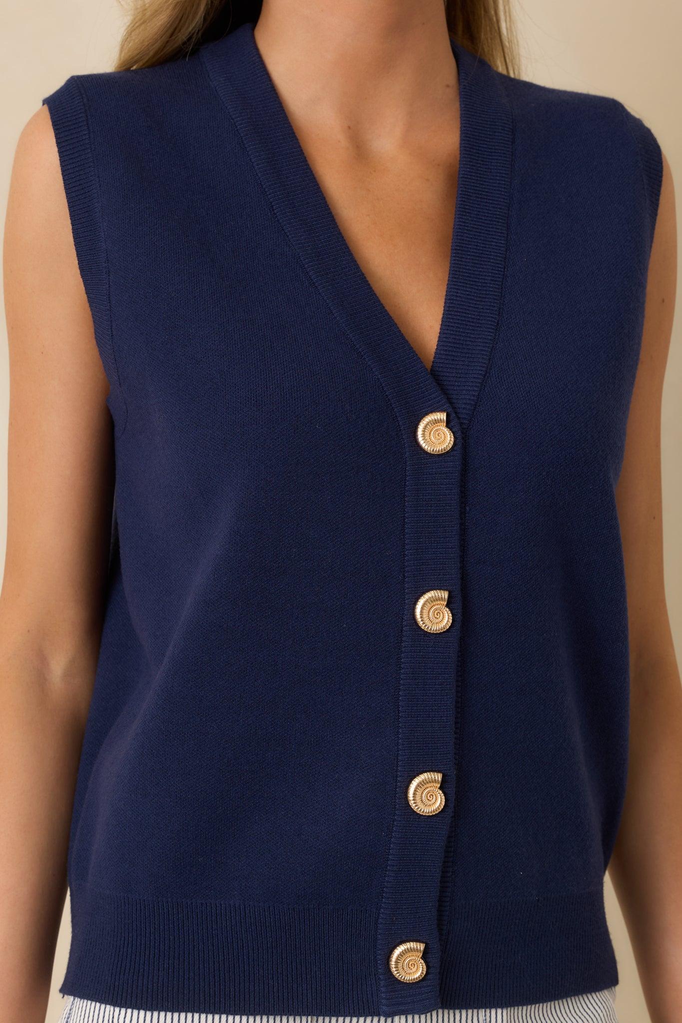 Where Shell We Meet Navy Blue Knit & Gold Shell Button Up Sweater Vest Product Image