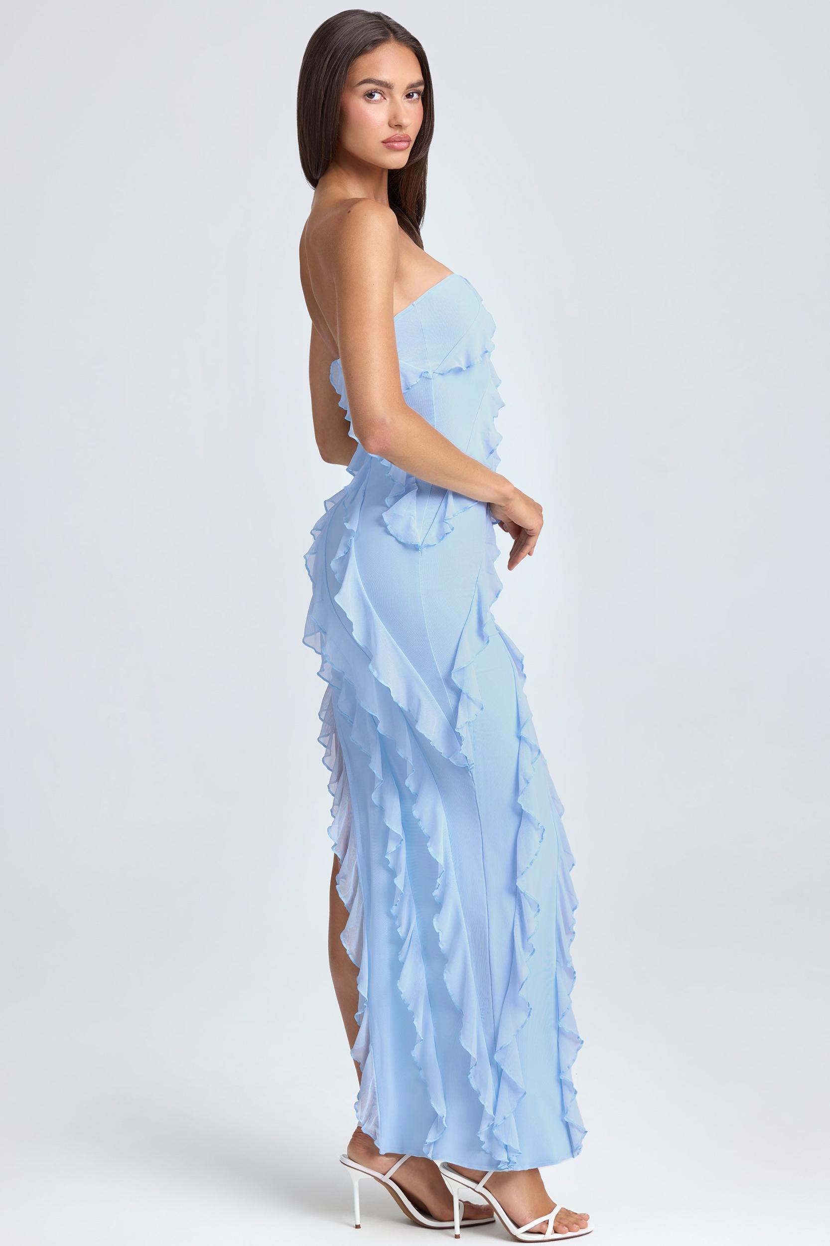 Bandeau Ruffle-Trim Maxi Dress in Powder Blue Product Image