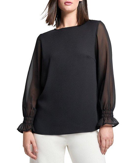 Ming Wang Crepe De Chine Round Neck Sheer Long Sleeve Blouse Product Image