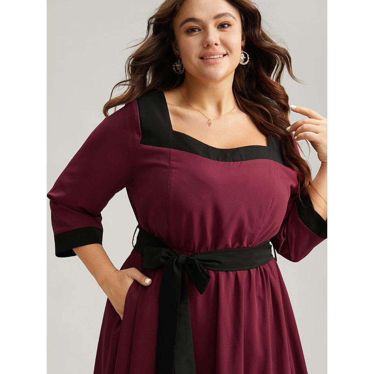 Plus Size Anti-Wrinkle Two Tone Patchwork Square Neck Dress Burgundy Women Elegant Belted Square Neck Elbow-length sleeve Curvy Midi Dress BloomChic 18-20/2X Product Image