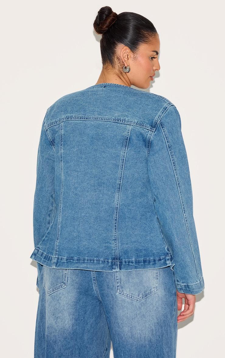 Plus Mid Blue Wash Mid Blue Wash Cinched Round Neck Denim Jacket Product Image