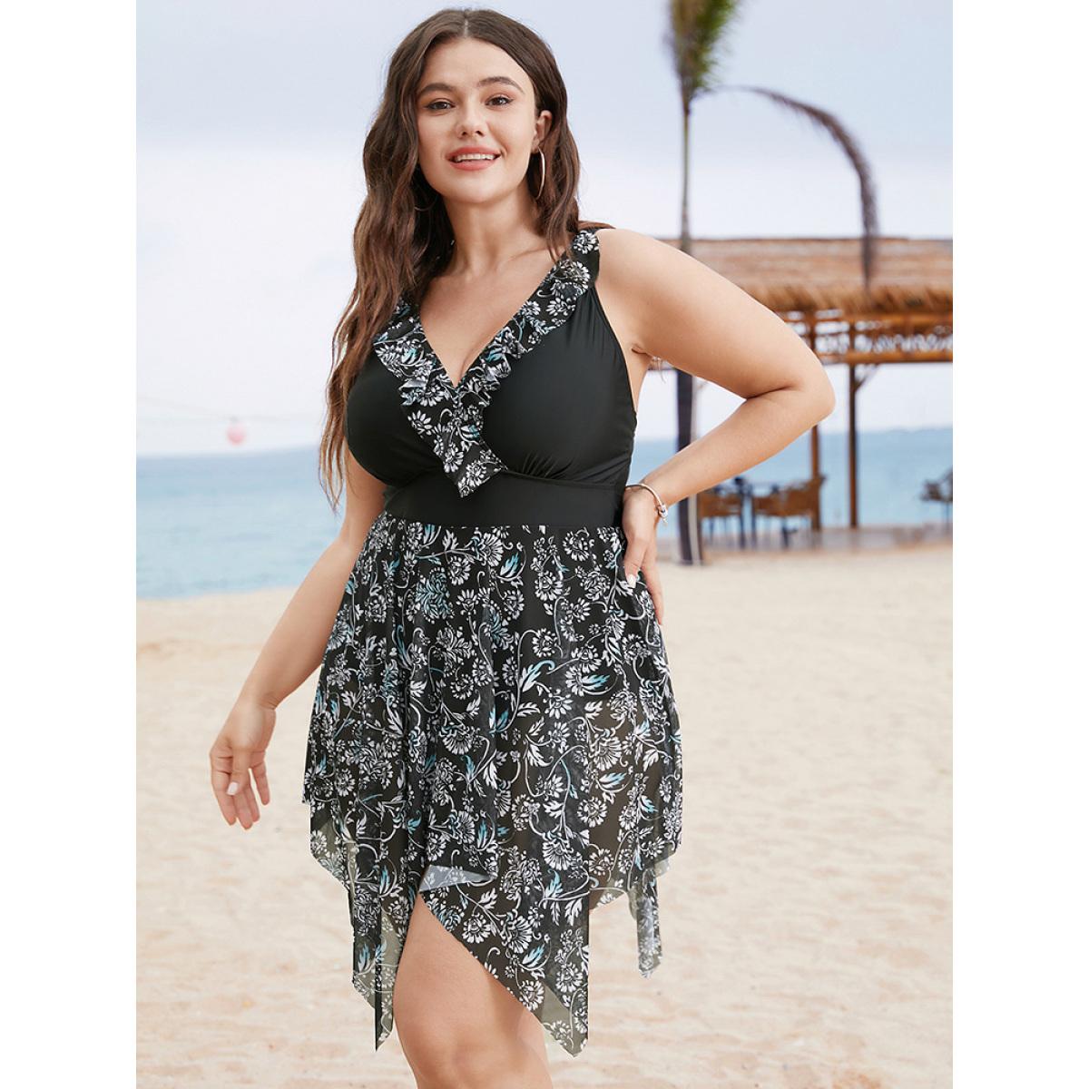 Plus Size Ruffle Trim Hanky Hem Floral Contrast Swim Dress Women's Swimwear BlackFlower Vacation Bodycon V-neck High stretch Curve Swim Dresses BloomChic 14-16/1X Product Image