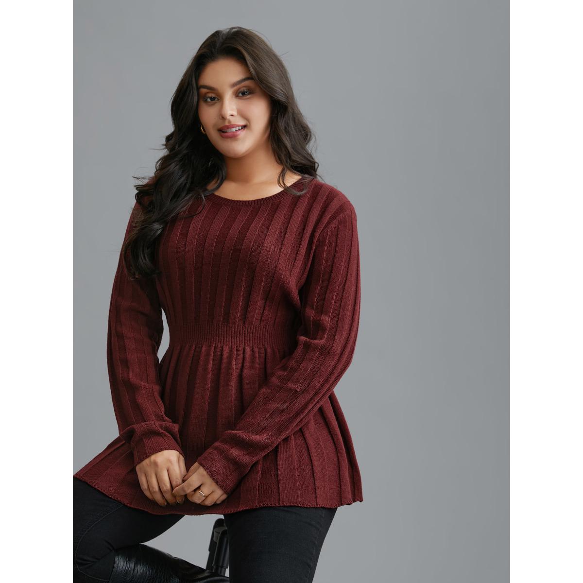 Plus Size Plain Cable Knit Pleated Texture Pullover Deepred Women Casual Bodycon Long Sleeve Round Neck Everyday Pullovers BloomChic 12/L Product Image