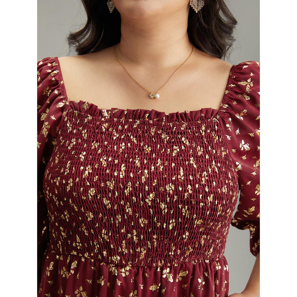 Plus Size Glitter Square Neck Shirred Split Front Frill Trim Dress Scarlet Women Party Elastic cuffs Square Neck Elbow-length sleeve Curvy Midi Dress BloomChic 14-16/1X Product Image