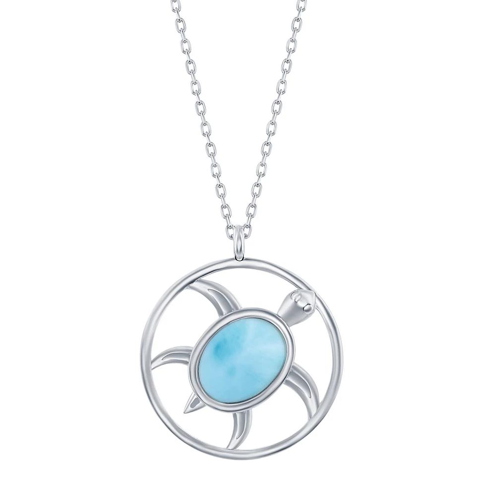 Sterling Silver Oval Larimar Turtle Necklace, Women's, Size: 16" Product Image