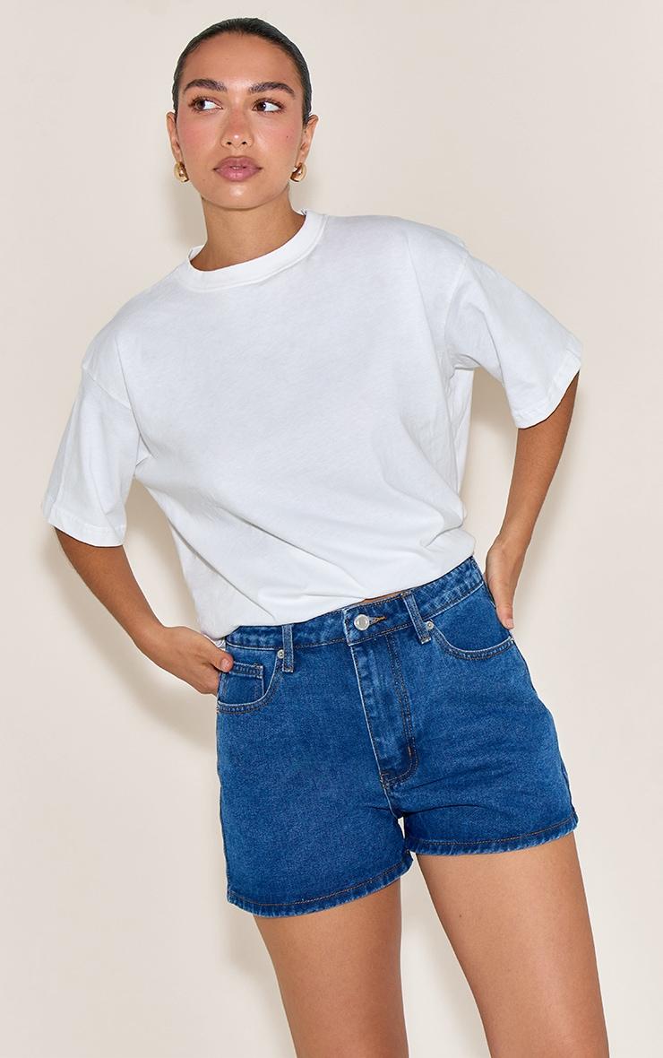 Dark Blue Contrast Stitch High Waisted Mom Shorts Product Image