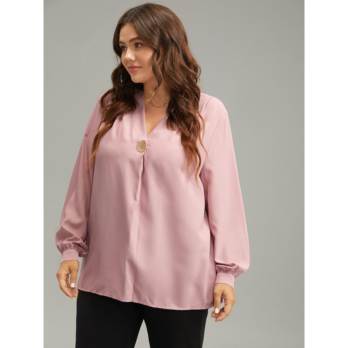 Plus Size DustyPink Plain Buckle Detail Pleated Blouse Women Office Long Sleeve V-neck Office Blouses BloomChic 12/L Product Image