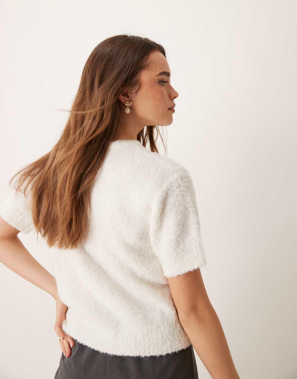 GINA TRICOT supersoft textured knit short sleeve cardigan in off white Product Image