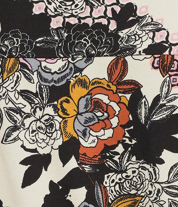 Intro Petite Size Knit Jersey Patch Floral Print 3/4 Sleeve Pleated Neck Tee Product Image