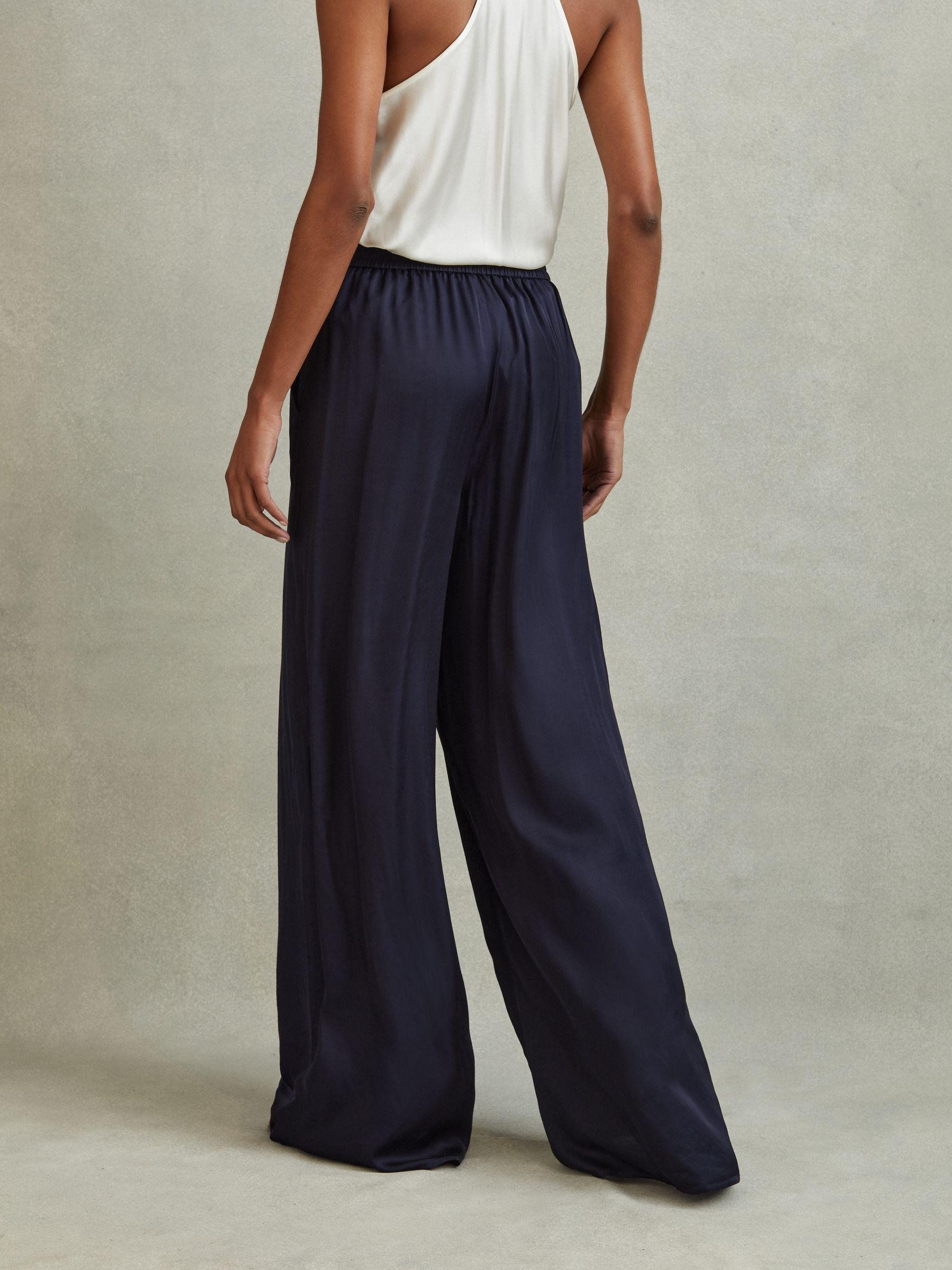 Satin Elasticated Waist Wide Leg Trousers in Navy Product Image