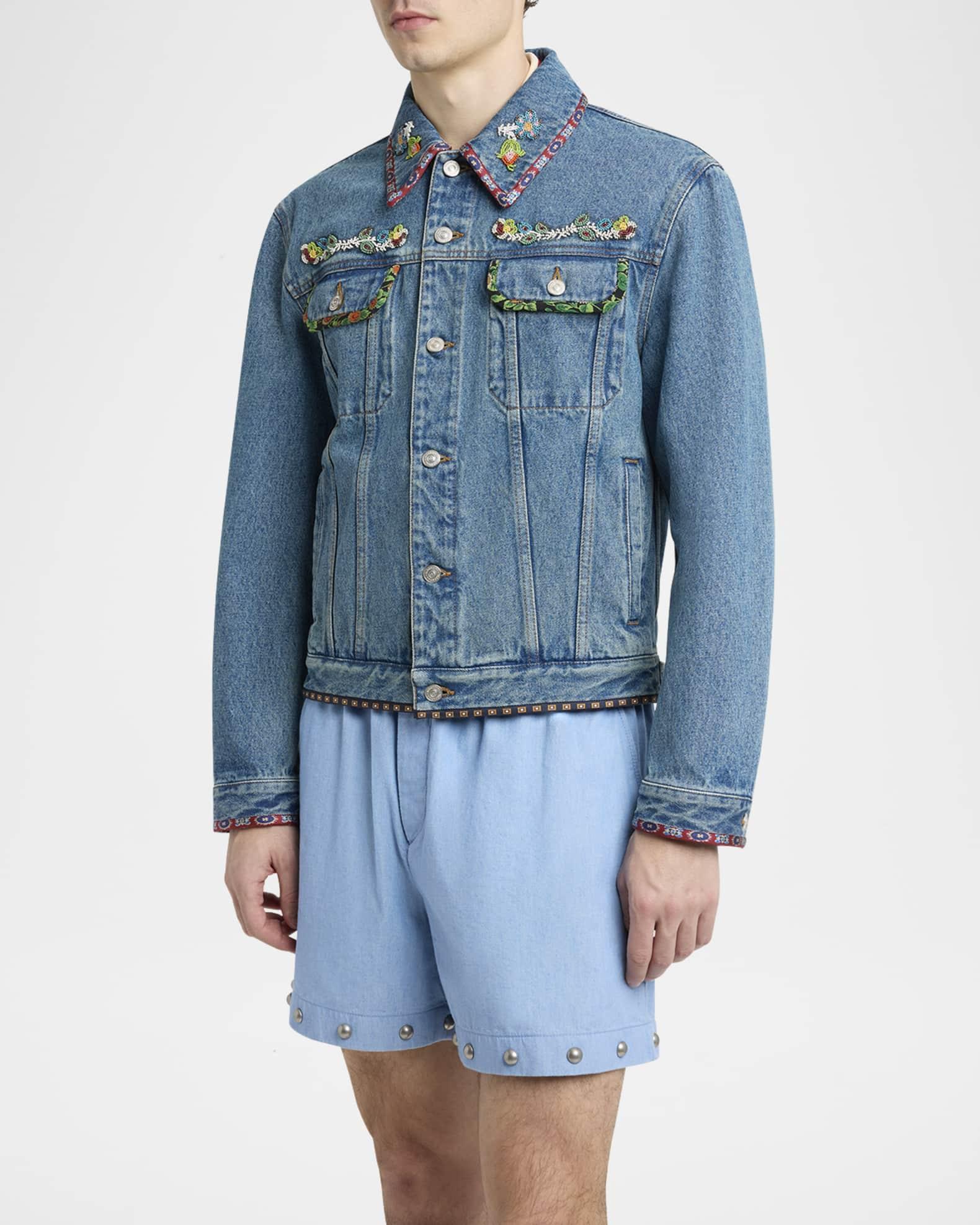 Men's Embroidered-Trim Denim Jacket Product Image